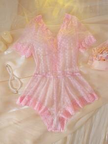 DelicateAllure 粉色情人节网纱蕾丝拼接深V领短袖爱心图案可爱性感优雅女士连体衣，适合度假和派对穿着 - 粉色 - 查看 4