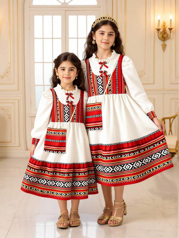 Girls White Vintage Floral Print Ruffle Collar Bow Puff Sleeve 2 In 1 Dress With Crossbody Bag - Khaki - View 4