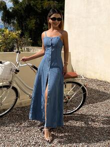 DAZY 女士无袖收腰长款休闲牛仔连衣裙 - 中等水洗藍 - 查看 1