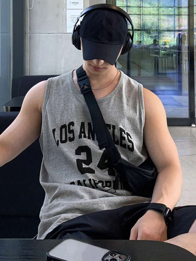 Men's Letter Print Loose Fit Sleeveless Casual Sports Tank Top, Summer