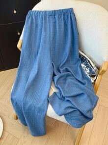 Franclia Quần ống rộng dáng suông thoải mái cho nữ, thích hợp đi nghỉ mát và đi làm, có dây rút ở eo, cài cúc giả ở ngực. - Màu xanh lam - Xem 2