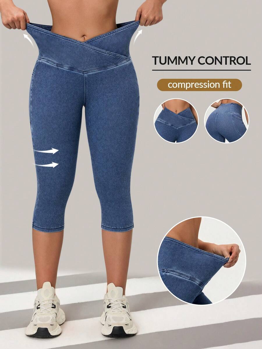 Flexra Women's Asymmetric Waist Skinny Casual Versatile 7/8 Length Jeans - Medium Wash - View 1