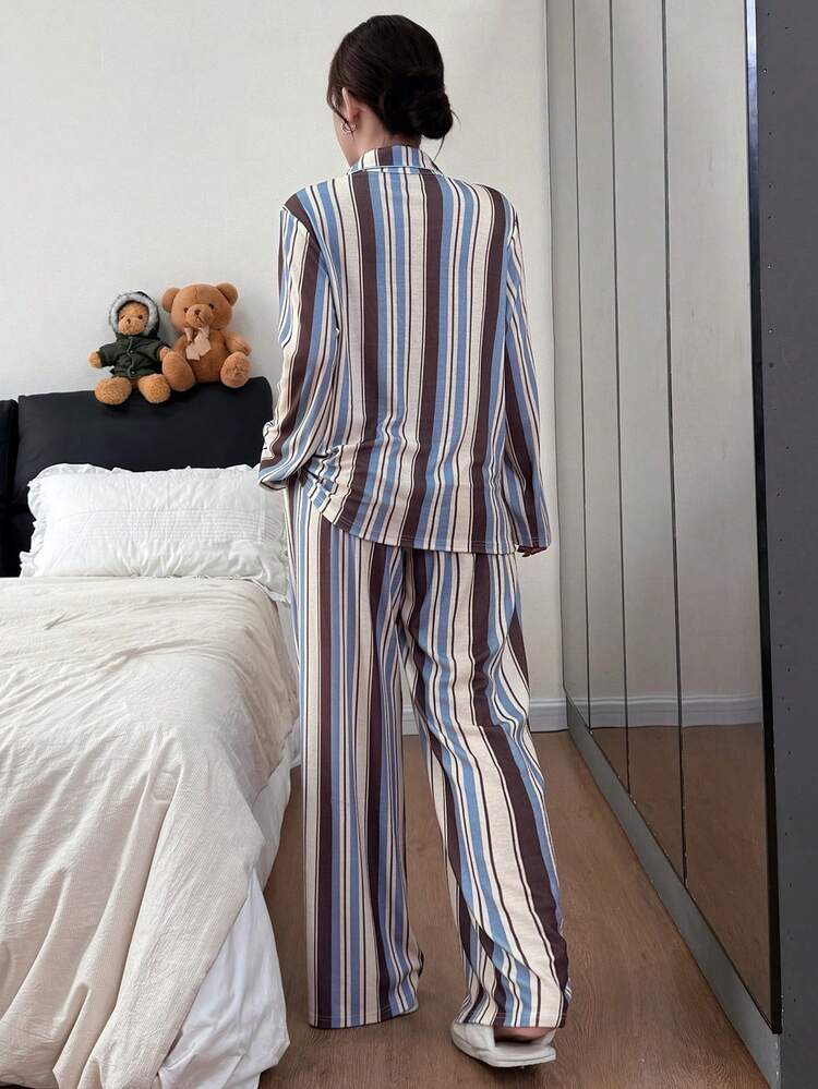 Striped Loose Button Front Long Sleeve Top And Pants Pajama Set For Women