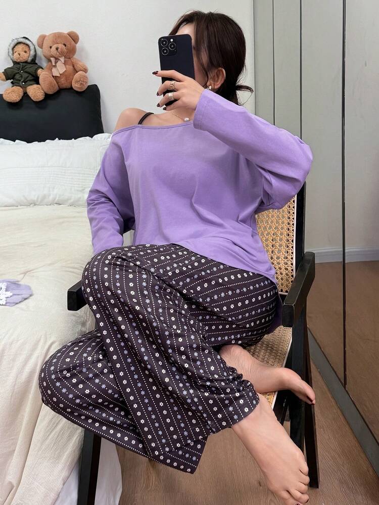 Open Shoulder Loose Top & Striped Floral Print Pajama Pants Women Sleepwear Set