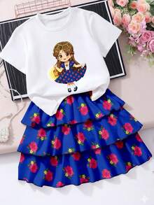 2 Stücke/Set Outfit für Kleine Mädchen, Mädchen Weißes Kurzarm T-Shirt mit Laternendruck und blauer Blumen-Rüschenrock, von Nahost inspirierte Mode - Verschiedenfarbig - Übersicht 5