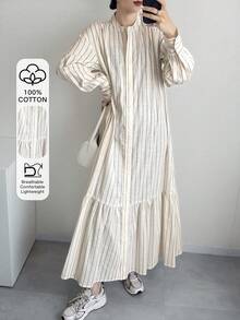 FRIFUL Striped Stand Collar Drop Shoulder Long Sleeve Hem Splice Pleated Full Zip Loose Casual Versatile Dress Wedding Guest Dress - Apricot - View 1