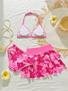 SHEIN 少女碎花三件套泳衣套装，含裙子，适合海滩度假。少女两件套泳衣，比基尼套装配纱笼裙，泳裙套装，碎花泳衣，粉色比基尼套装配纱笼裙，少女泳装，粉色碎花少女比基尼，两件套泳衣，粉色少女，粉色碎花泳装裙，少女比基尼套装，碎花 - 粉色 - 查看 2