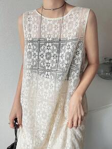 FRIFUL Đầm nữ không tay mỏng nhẹ, thích hợp mặc đi dự tiệc cưới mùa hè. - Màu be - Xem 6