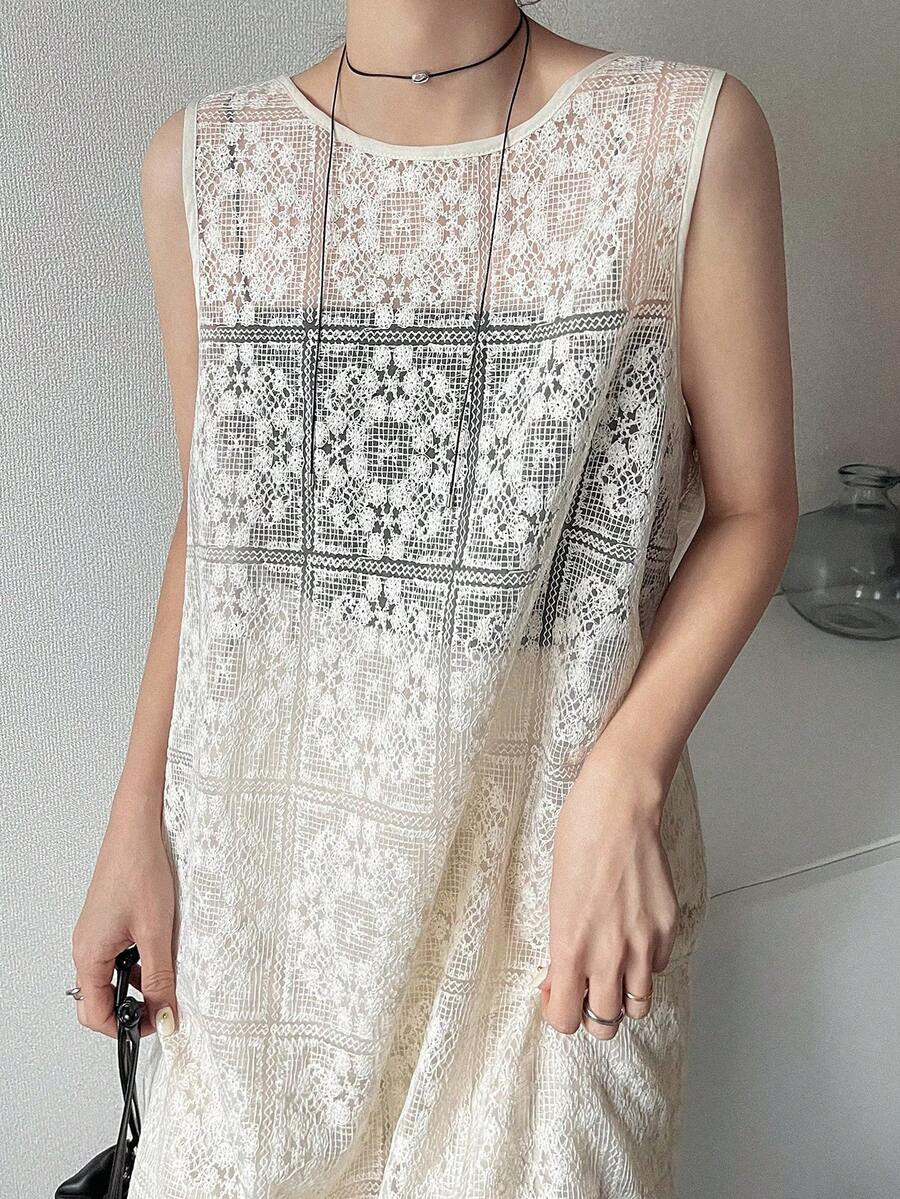 FRIFUL 女士休闲无袖薄纱连衣裙，夏季婚礼宾客礼服 - 米色 - 查看 1