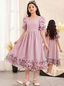 Vestido de satén tejido con cuello cuadrado, mangas gigot, volantes en el bajo y adornos de perlas, elegante para niña preadolescente, adecuado para bodas, fiestas, cumpleaños, reuniones, primavera/verano - Rosa - Ver 4