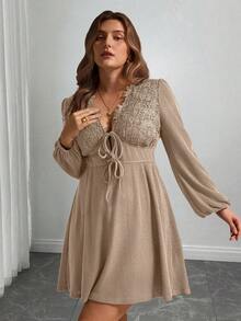 Elegantrix 大码女式蕾丝拼接前系带长袖派对连衣裙，秋冬款 - 杏色 - 查看 4