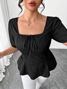 Elenzga 大码方领提花收腰短袖衬衫 - 黑色 - 查看 4