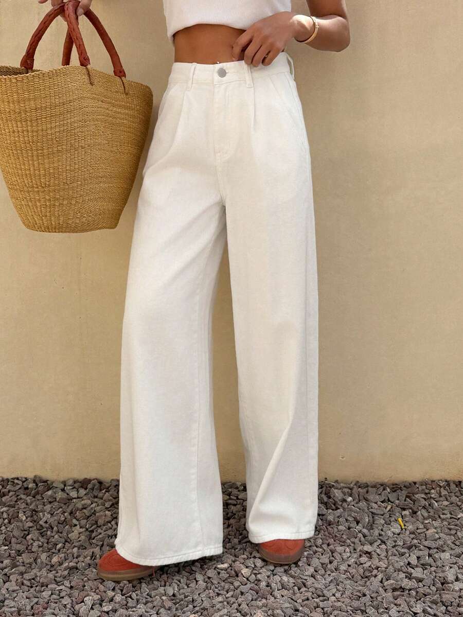 DAZY Women's Regular Waist Loose Straight Leg White Washed Jeans, Casual City Style - White - View 1