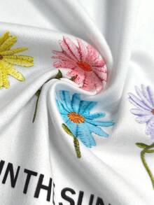 INAWLY 大码休闲简约花卉刺绣和标语印花圆领 T 恤 - 白色 - 查看 4