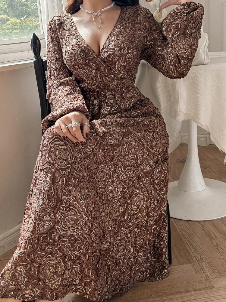 Women's V-Neck Sequin Embroidered Textured Fabric Elegant Dress Sundress