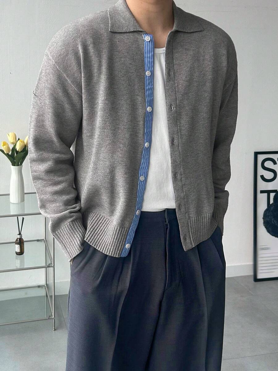 DAZY Áo khoác cardigan nam phối màu tương phản, mùa xuân/thu. - Xám - Xem 1