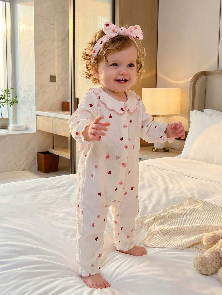 SHEIN Baby Girl 1pc/Cute And Casual Long-Sleeved Jumpsuit With Asymmetric Embroidered Collar And Textured Woven Heart Pattern For Baby Girls - Apricot - View 1