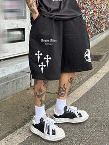 DAZY Men's Letter Print Elastic Waist Street Style Shorts, Summer - Black - View 2