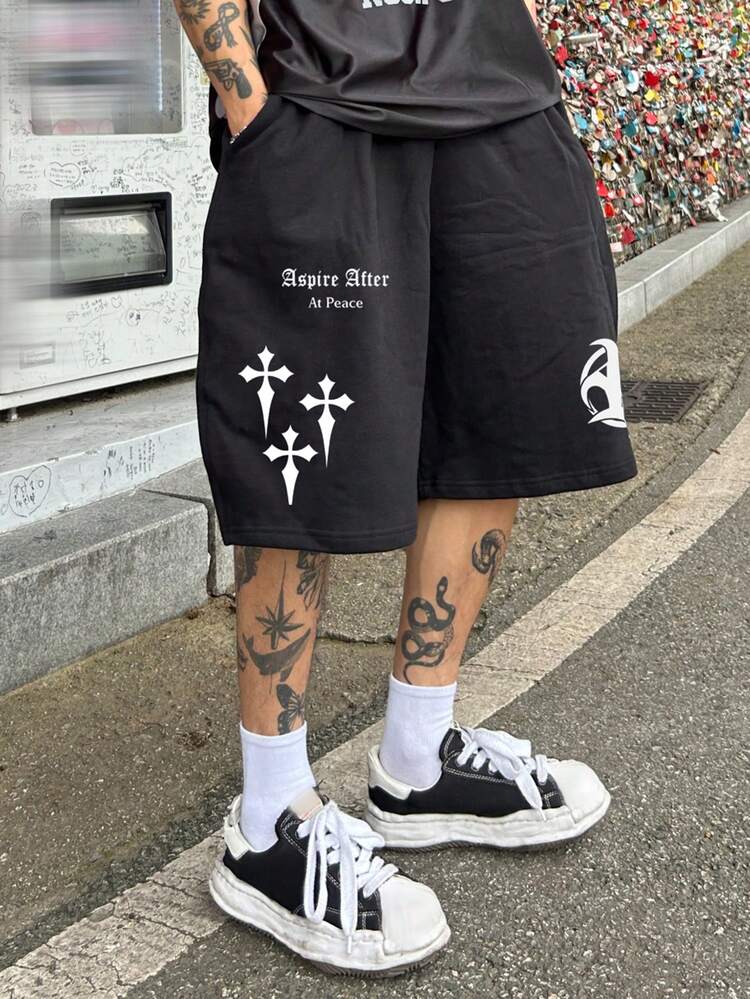 Men's Letter Print Elastic Waist Street Style Shorts, Summer