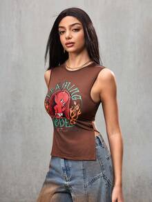 SHEIN HOT STUFF ملابس علوية صيفية للنساء بنمط كرتوني مع شق جانبي وظهر مكشوف وربطة خلفية - قهوة بني - مشاهدة 5