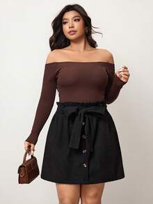 Enliva 大码女式纯色荷叶边下摆系带腰部纽扣设计休闲半身裙 - 黑色 - 查看 8