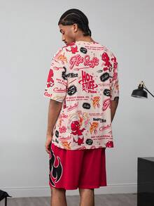 SHEIN HOT STUFF Men's Comfortable All-Over Print Short Sleeve T-Shirt And Shorts Loungewear Set, Summer - Red and White - View 2
