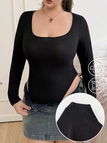 CovetEZ Plus Ribbed Knit Bodysuit Spring Clothes - Black - View 3