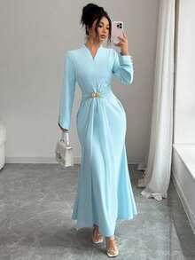 Modelyn French Design V-Neck Floral Ruched Waist Dress For Women - Blue - View 7