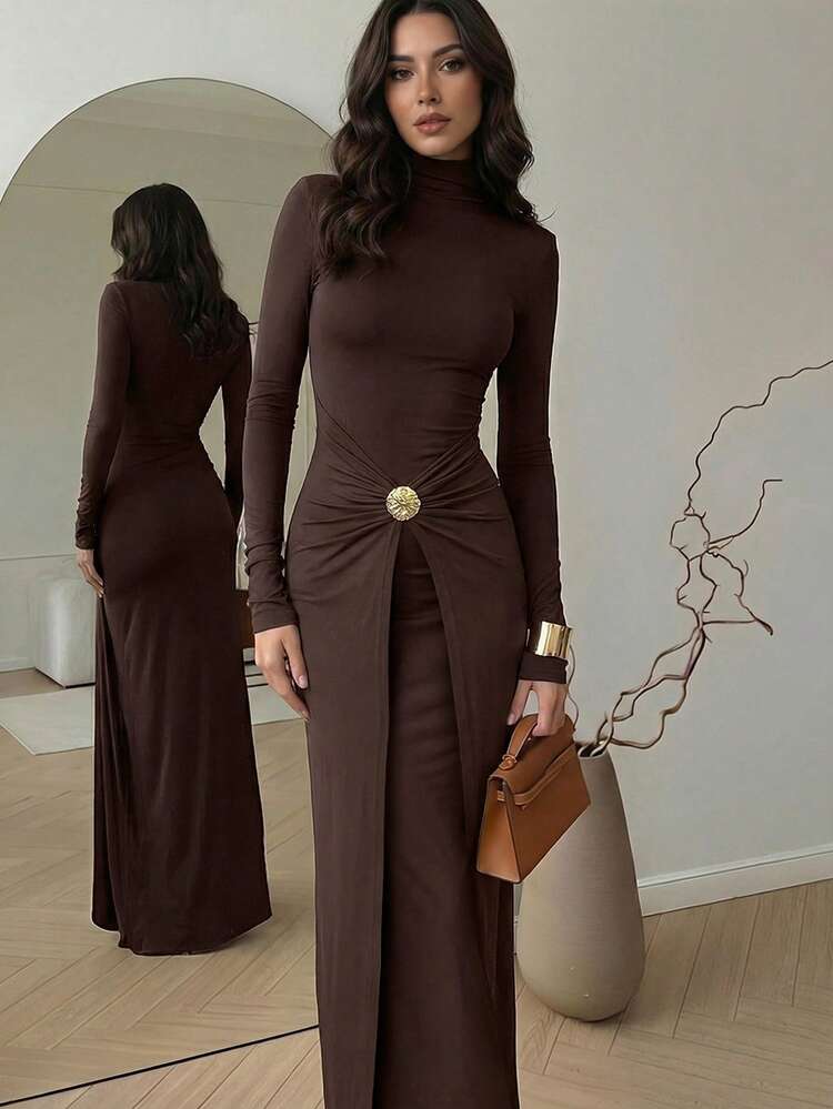 Firerie فستان نسائي أنيق وكاجوال للتنقل في المدينة، بياقة عالية بني، أكمام طويلة واسعة، خصر مربوط بتصميم كشكشة، مزين بإبزيم معدني في الخصر، مناسب للعطلات والحفلات والسفر والمكتب، فستان نسائي جديد - بني - مشاهدة 1