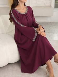 Lacomfia 女士休闲纯色蕾丝边宽松圆领长袖中长连衣裙，春秋季 - 酒紅色 - 查看 1