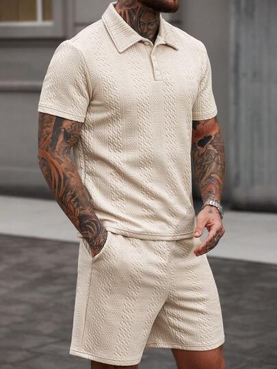 Manfinity CasualCool Men's Solid Color Button-Up Polo Shirt And Slant Pocket Shorts Set Cream Outfit Men Men Summer Sweatsuit Men Two Piece Set Summer Men Two Piece Casual Short Sets Men Co Ord Set Old Money,Daily Leisure, Weekend Trips, Outdoor Activities, Travel Expeditions, Relaxed Work Environments Or Semi-Formal Occasions, Boyfriend/Husband Gift, Anniversary /Birthday Gift Party Summer Vacation Holiday New Years Wedding Valentine's Day Beige Men Outfit