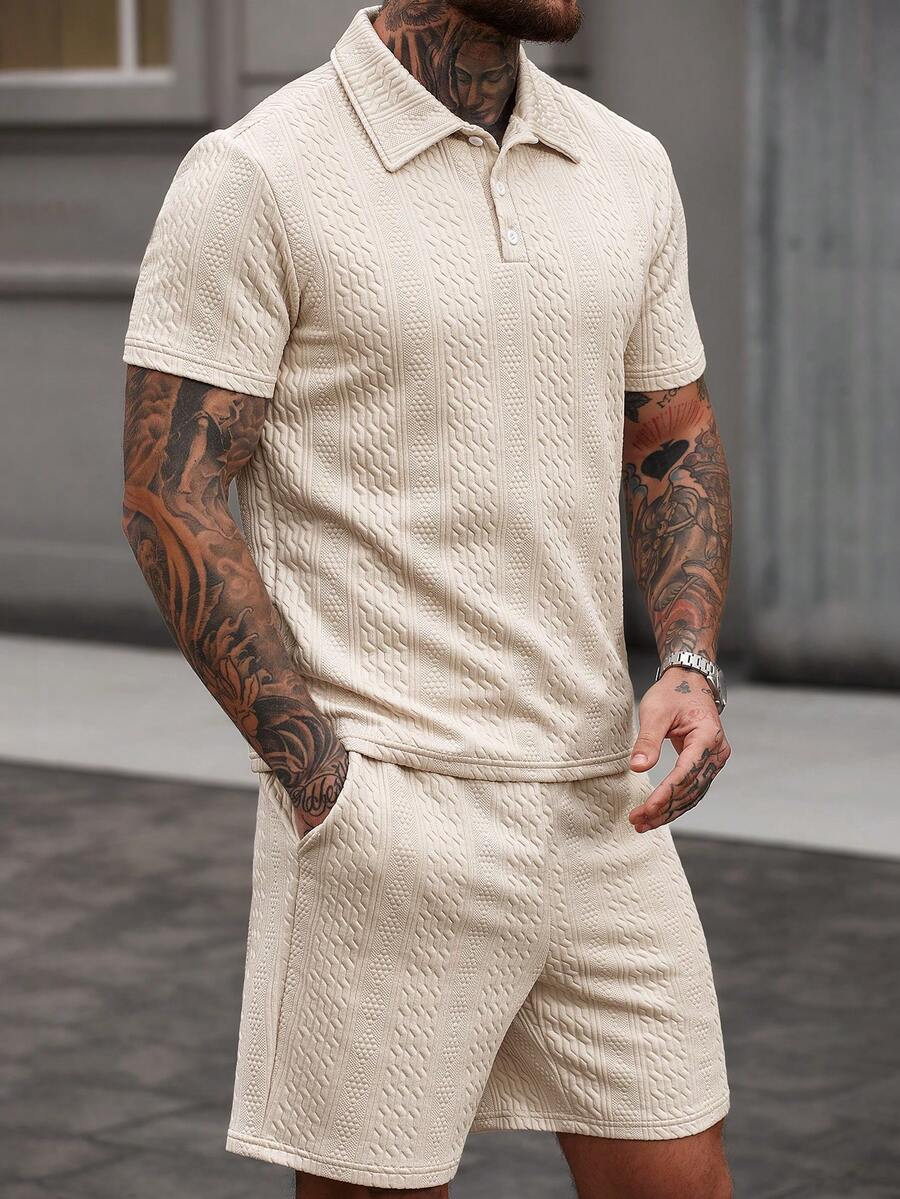 Manfinity CasualCool Men's Solid Color Button-Up Polo Shirt And Slant Pocket Shorts Set Cream Outfit Men Men Summer Sweatsuit Men Two Piece Set Summer Men Two Piece Casual Short Sets Men Co Ord Set Old Money,Daily Leisure, Weekend Trips, Outdoor Activities, Travel Expeditions, Relaxed Work Environments Or Semi-Formal Occasions, Boyfriend/Husband Gift, Anniversary /Birthday Gift Party Summer Vacation Holiday New Years Wedding Valentine's Day Beige Men Outfit - Apricot - View 1