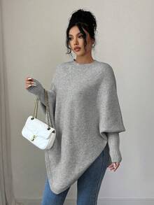 Elenzga Women's Asymmetrical Hem Oversized Crew Neck Pullover Sweater, Relaxed Fit, Soft & Comfortable Wool Blend, Suitable For Autumn/Winter - Light Grey - View 6