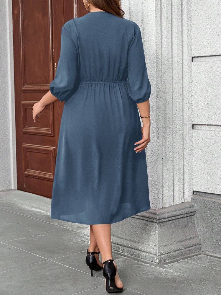 Plus Size Women's Casual Everyday Commute Simple Solid Color Notched Neck Lantern Sleeve Drawstring Waist Dress, Spring/Summer/Autumn