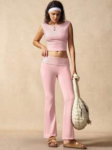 VARSIVA Women's Polka Dot Print Patchwork Backless Cropped Tank Top And Flare Pants Sports Suit - Pink - View 5