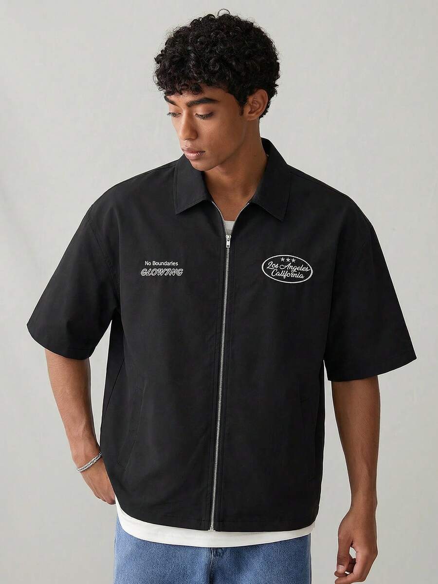 SWAVVY Men's Fashion Letter Embroidered Short Sleeve Shirt, Spring/Summer Black Graphic Shirt Men Graphic Shirt - Black - View 1