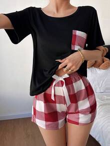 Round Neck Short Sleeve Loose Casual Comfortable Breathable Plaid Print Pajamas - Black - View 4