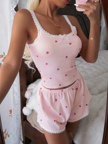 SHEIN 女士粉色爱心罗纹蕾丝真丝吊带短裤睡衣套装 - 粉色 - 查看 7