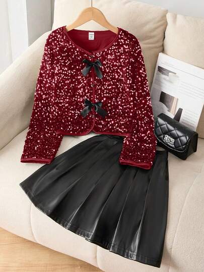 Sparklyn Korean Style Casual Personalized Tween Girl Outfit, Spring/Summer/Autumn Adolescent Girl Clothes Set Falda Red And Black Teen Girls Clothes Young Girl Red And Black Skirt Outfits