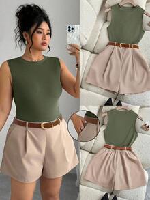 Elenzga Conjunto de 2 piezas de talla grande para mujer con top sin mangas de punto y pantalones cortos tipo A-line con cinturón, conjunto casual de 2 piezas con pantalones cortos, conjunto de 2 piezas de ropa de mujer - Multicolor - Ver 2