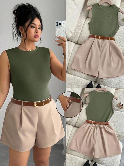 Elenzga Conjunto de 2 piezas de talla grande para mujer con top sin mangas de punto y pantalones cortos tipo A-line con cinturón, conjunto casual de 2 piezas con pantalones cortos, conjunto de 2 piezas de ropa de mujer