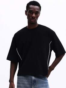 SUMWON Essentials 滚边圆领短袖T恤，撞色滚边细节，常规版型，休闲夏季上衣，纯色 - 黑色 - 查看 4