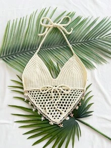 Soleia 女士度假镂空金属海星装饰针织吊带上衣 - 杏色 - 查看 2