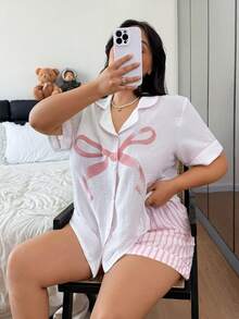 Napfluff CURVE Napfluff CURVE 大码女式蝴蝶结印花短袖上衣和条纹短裤睡衣套装 - 粉色 - 查看 5