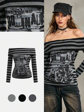 Grunge Punk Vintage gestreiftes Punk-Portrait-Muster Off-Shoulder figurbetontes gerafftes Top