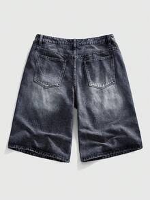 ROMWE MEN Goth Quần short denim ống rộng rách đính đá thời trang nam - màu đen - Xem 9