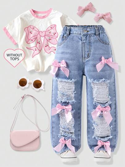 Genkimix Kids One Piece Little Girls 2026 Spring Summer New Light Blue Washed Heavy Ripped Bow Decorated Denim Long Pants Young Girl Loose Straight Leg Young Girl Denim Pants Sweet Cool Style Versatile Chic Summer Thin Bow Ripped Denim Pants