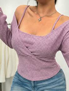 SHEIN EZwear 大码女式针织保暖舒适露肩T恤，浅粉色 - 藕粉色 - 查看 4