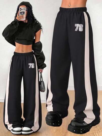 SHEIN Sparklyn Pantalones holgados con estampado numérico de bloqueo de color, moda urbana deportiva y hip hop para adolescentes