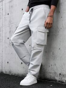 SLATEMANN Men's Casual Solid Color Flap Pocket Drawstring Waist Pants - Light Grey - View 6